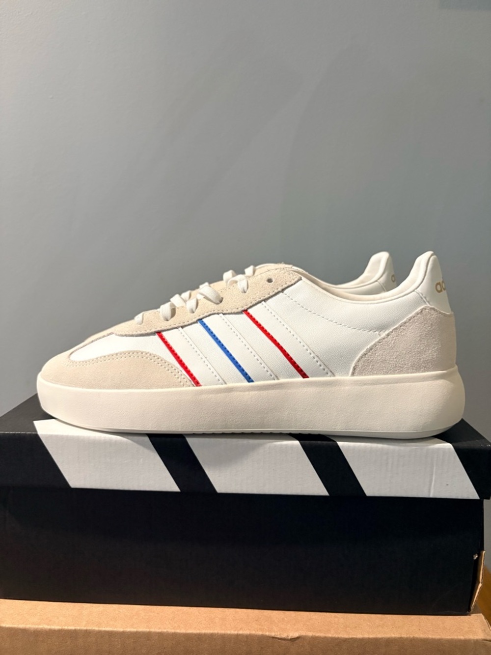 adidas White Sneakers with Red & Blue Stripes